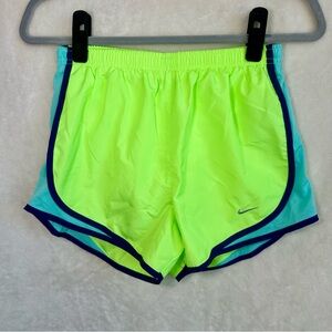 Women's Nike Tempo Neon Yellow Teal Blue Trim‎ Running Shorts EUC Size Small